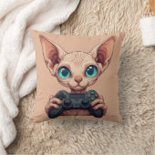 Coussin Chat Sphynx tenant une manette de jeu (Couverture)