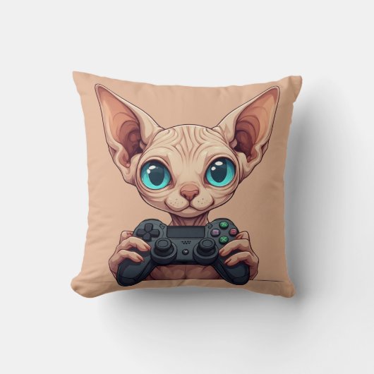Coussin Chat Sphynx tenant une manette de jeu (Recto)