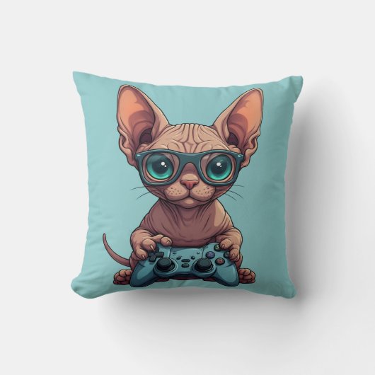 Coussin Chat Sphynx tenant une manette de jeu (Recto)
