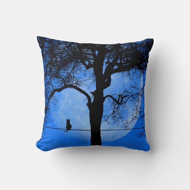Coussin Chat sur un fil Pleine lune bleu (Recto)