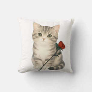 Coussin Chat Tabby Gris Adorable avec Fleur de Rose Rouge