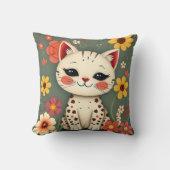 Coussin Chat tacheté heureux avec des fleurs (Recto)