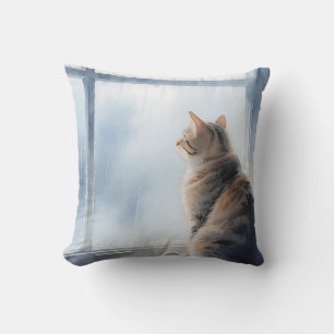 Coussin Chat tigré aquarelle à la fenêtre pluvieuse
