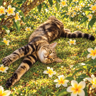 Coussin Chat Tigre Détendu Parmi les Fleurs de Plumeria Co