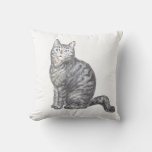 Coussin Chat tigré gris argenté aquarelle chaton maman