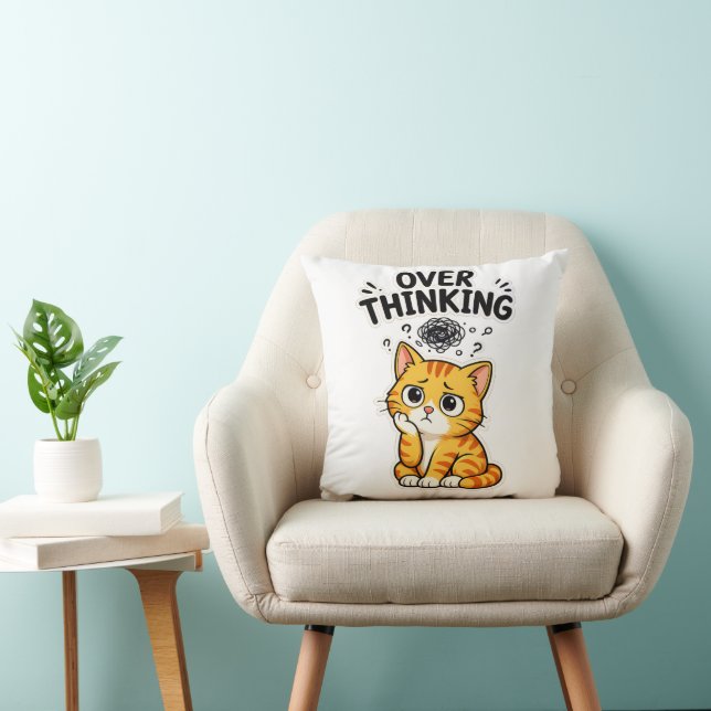 Coussin Chat tigré orange drôle et pensif (Chaise)