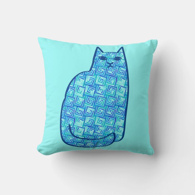 Coussin Chat, turquoise et marine modernes de la moitié du (Recto)
