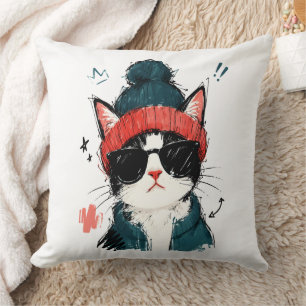 Coussin Chat Tuxedo Cool avec Casquette et Lunettes de Sol