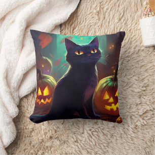 Coussin Chat Tuxedo d'Halloween avec citrouilles effrayant