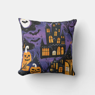 Coussin Château Hanté Citrouille Halloween Épouvantable