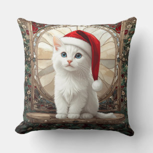 Coussin Chaton blanc avec chapeau de Père Noël