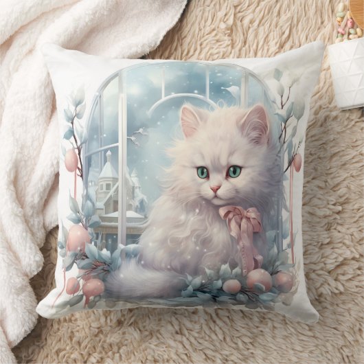 Coussin Chaton blanc Bow rose et boules (Couverture)