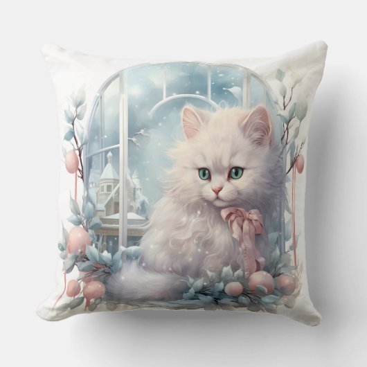 Coussin Chaton blanc Bow rose et boules (Recto)