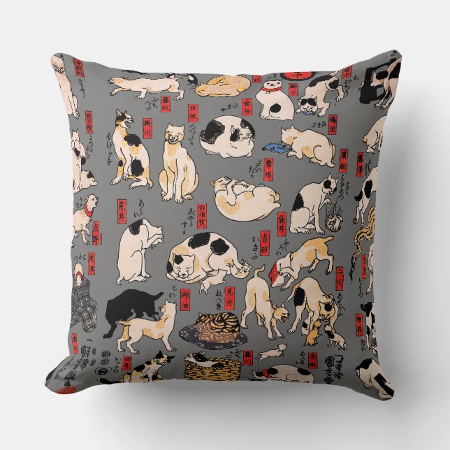Coussin Chaton de style Ukiyo-e japonais vintage : Kuniyos (Recto)