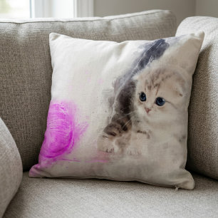 Coussin Chaton jouant avec une aquarelle de boule de fil r