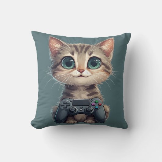 Coussin Chaton mignon tenant une manette de jeu Chat joueu (Recto)