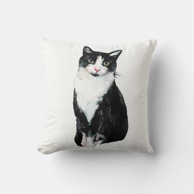 Coussin Chaton noir et blanc à l'aquarelle (Recto)