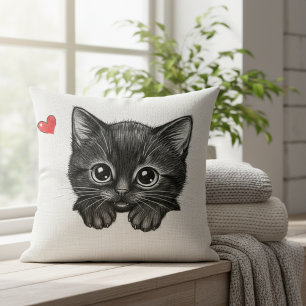 Coussin Chaton Noir Mignon Regardant Coeur