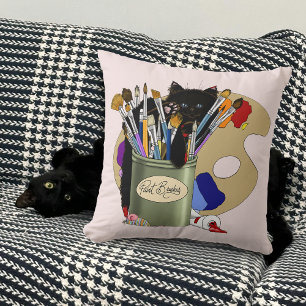 Coussin Chaton noir Pinceau Pot Artiste Chat Rose