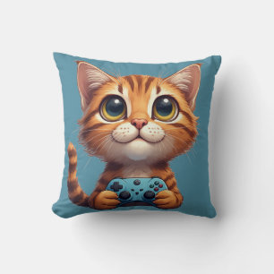 Coussin Chaton orange tenant une manette de jeu Chat joueu