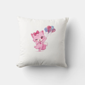 Coussin Chaton Rose Kawaii avec Ballons Colorés –