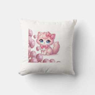 Coussin Chaton Rose Kawaii avec Nœuds et Ballons –