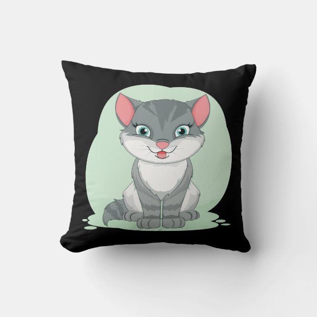 Coussin Chaton Tabby Gris Noir Kitty Mignon Chat de Dessin (Recto)