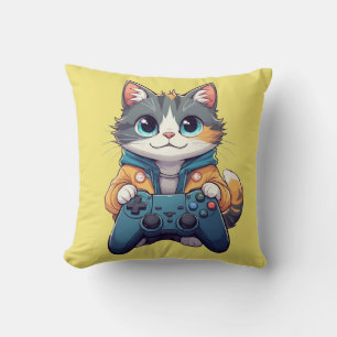 Coussin Chaton tenant une manette de jeu et souriant - Cha