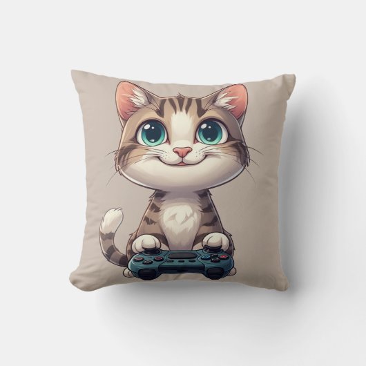 Coussin Chaton tenant une manette de jeu souriant Cat game (Recto)