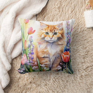 Coussin Chaton Tigré Orange Aquarelle Dans Un Jardin De Fl