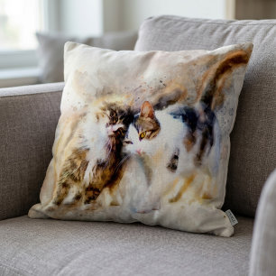 Coussin Chats à l'aquarelle se câlinant dans l'art abstrai