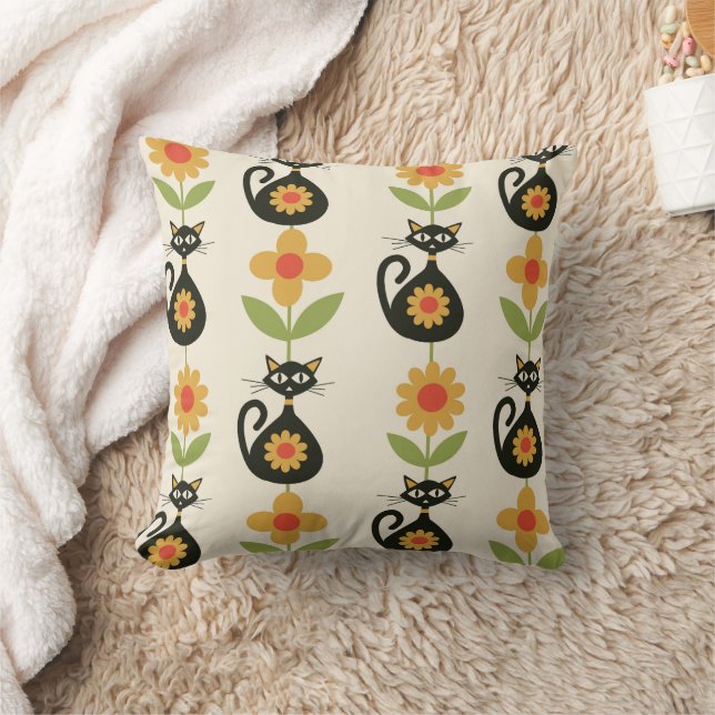 Coussin Chats atomiques de milieu de siècle avec des fleur (Couverture)