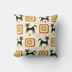 Coussin Chats atomiques noirs du milieu du siècle avec des