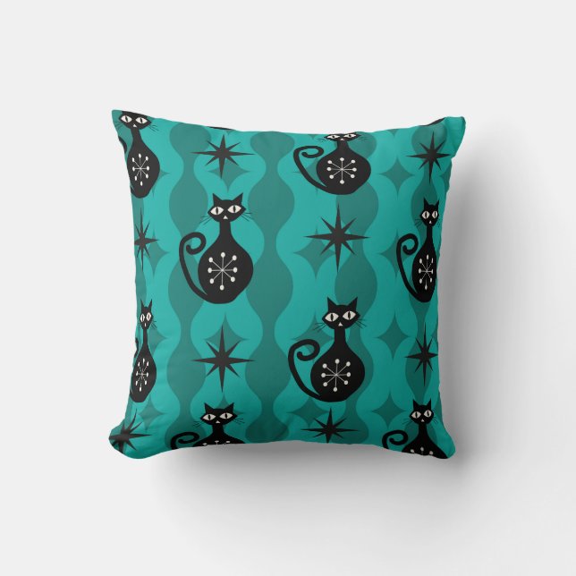 Coussin Chats atomiques noirs du milieu du siècle sur Ogee (Recto)
