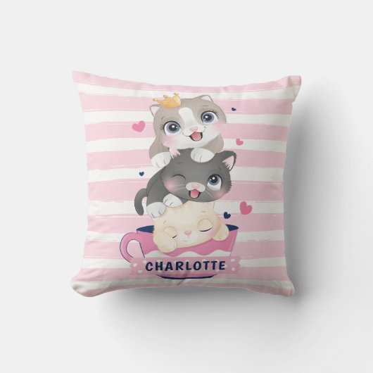 Coussin Chats de dessin animé mignons empilés rayures rose (Recto)