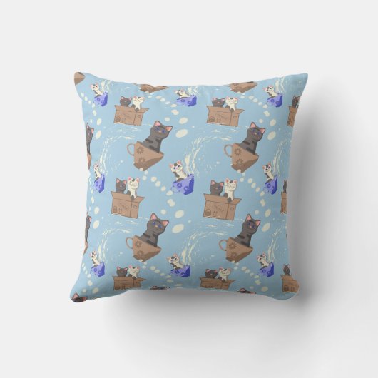 Coussin Chats en boîte et gouttes de lait sur bleu (Verso)