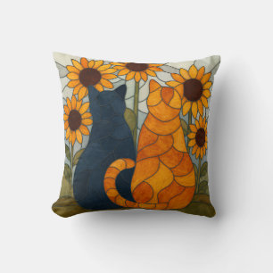 Coussin Chats en vitrail et conception d'art de tournesols