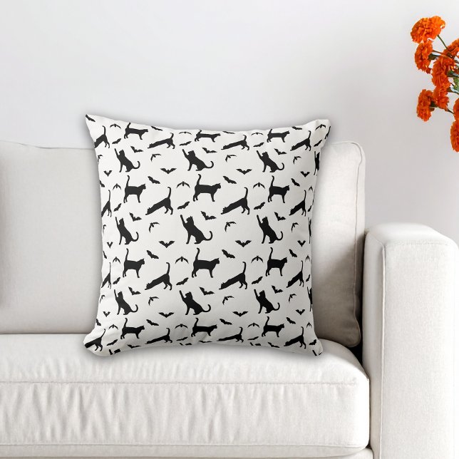 Coussin Chats et chauves-souris noirs Motif minimal Hallow (Créateur téléchargé)