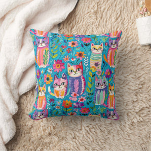 Coussin Chats et fleurs colorés Whimsical Happy