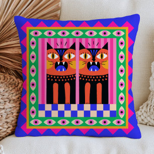 Coussin Chats funky aux yeux méchants Art félin maximalist