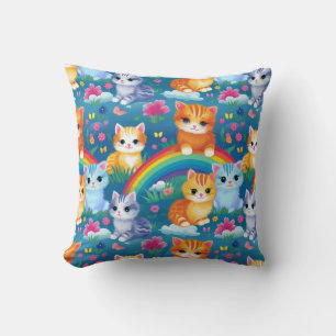 Coussin Chats Kitty Heureux sur Nuages Arc-en-ciel