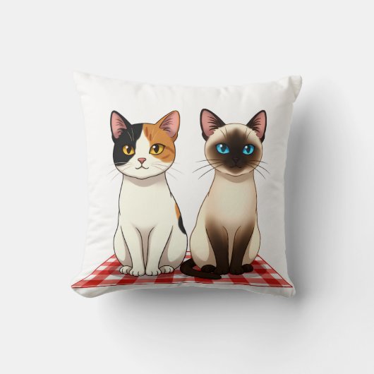 Coussin Chats mignons sur couverture à carreaux rouges (Recto)