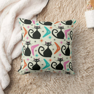 Coussin Chats noirs atomiques du milieu du siècle avec boo
