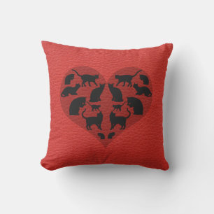 Coussin Chats noirs Coeur Faux Cuir rouge