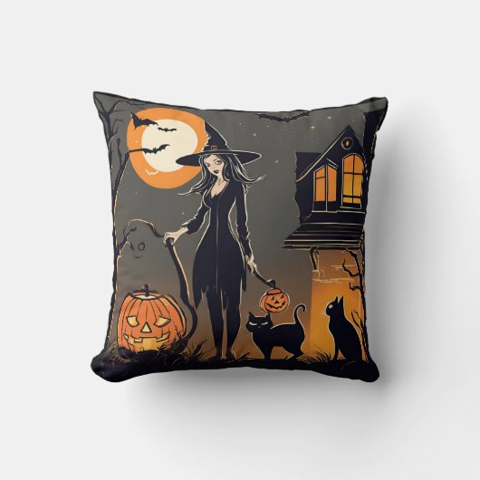 Coussin Chats noirs sorcière d'Halloween hanté chauve-sour (Recto)