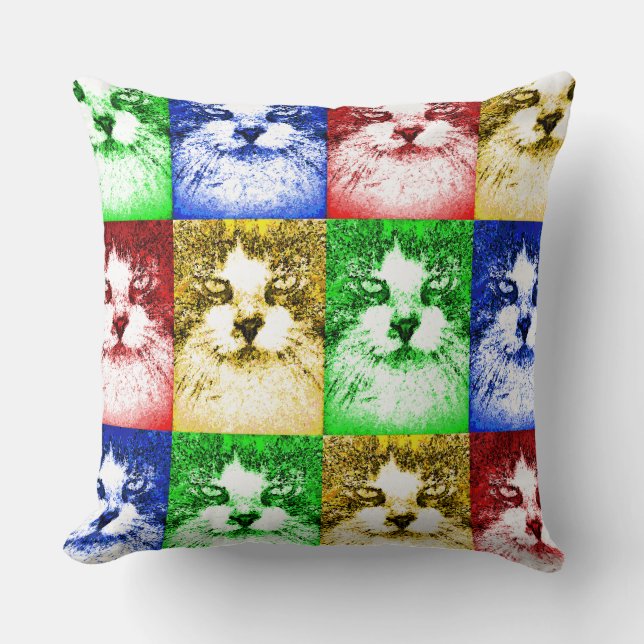 Coussin Chats Pop Art Rouge Bleu Jaune Or Vert (Recto)