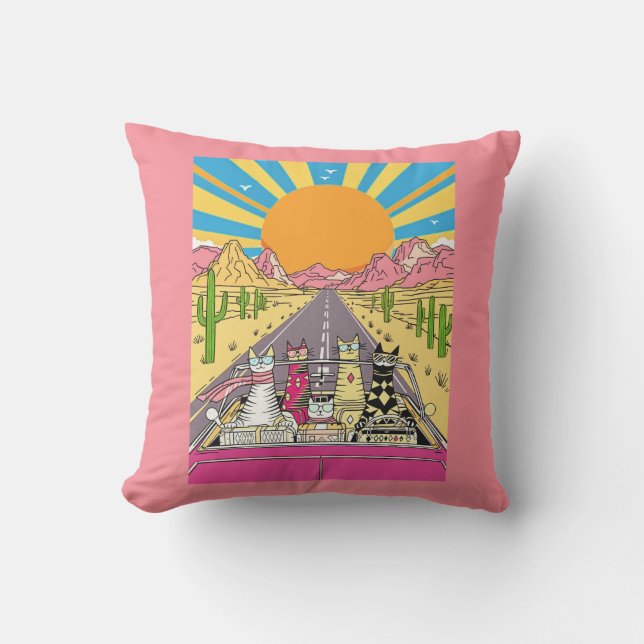 Coussin Chats Rétro en Vacances Font un Road Trip (Recto)