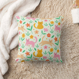 Coussin Chats rétro heureux avec des fleurs orange rouge e