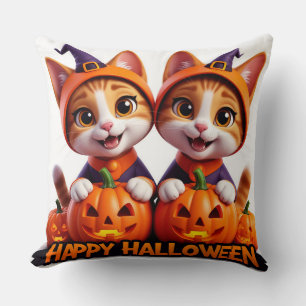 Coussin Chats roux mignons en chapeaux de sorcière citroui