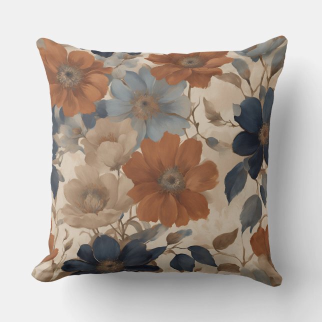 Coussin Chaud Orange Beige Marine Bleu Automne Floral (Recto)